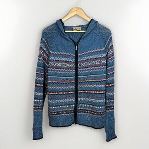 Shaver Lake Zip Up Hooded Cardigan Sweater Jacket Blue Fair Isle Women's Large